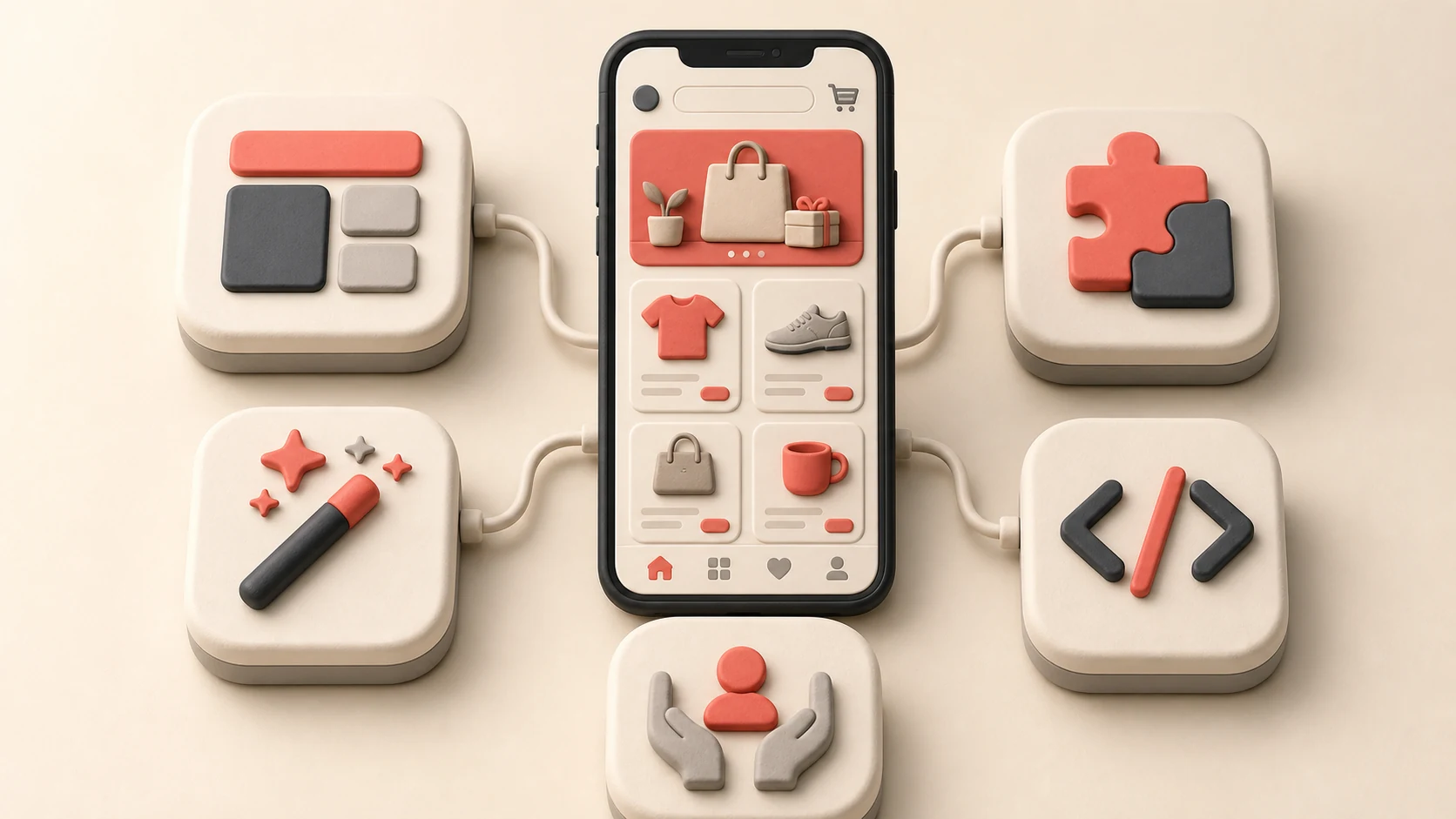 Five app-building approaches connected to a mobile storefront