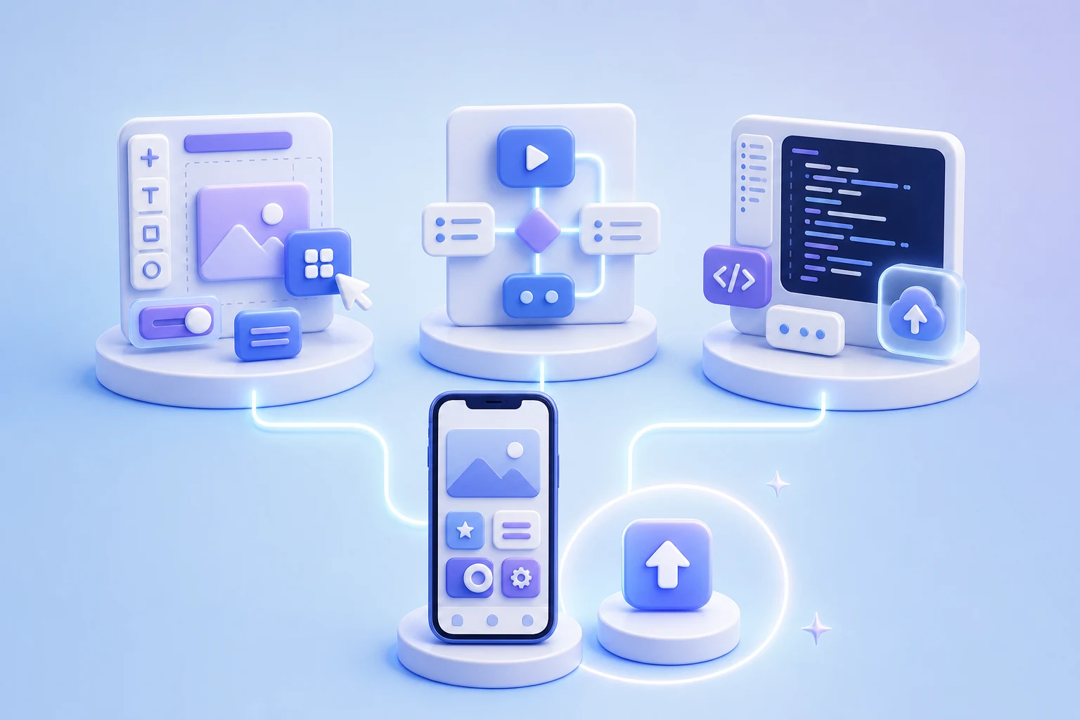 Three native app-building paths—visual design, low-code logic, and source-code development—connecting to one finished mobile app