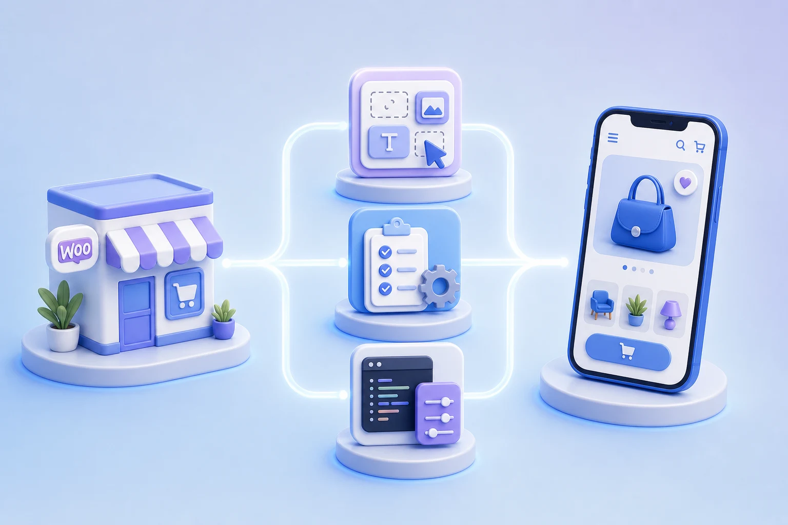 A WooCommerce store moving through visual, managed, and customizable app-building paths into a mobile shopping app