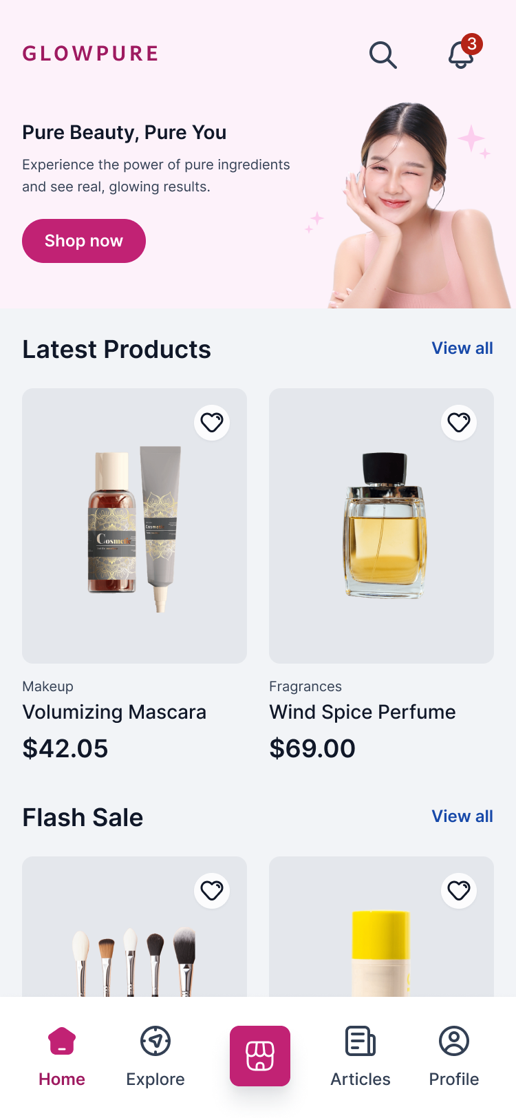 Pink Glow mobile app template created with FluxBuilder